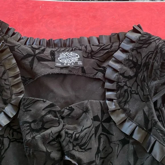 Velvet Burnout Rockabilly Print Corset Ribbon Trimmed Dress Queen Anne Neckline - Picture 9 of 16